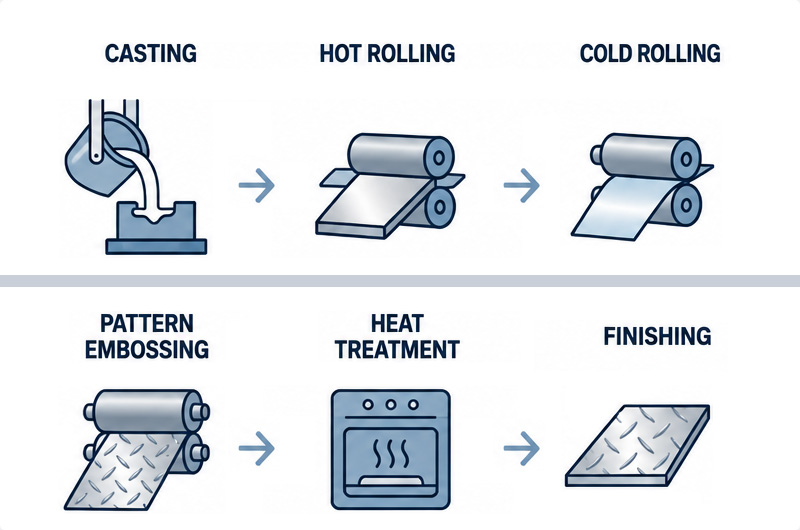 Processus de fabrication de laminage à froid et de gaufrage de tôle d'aluminium larmée